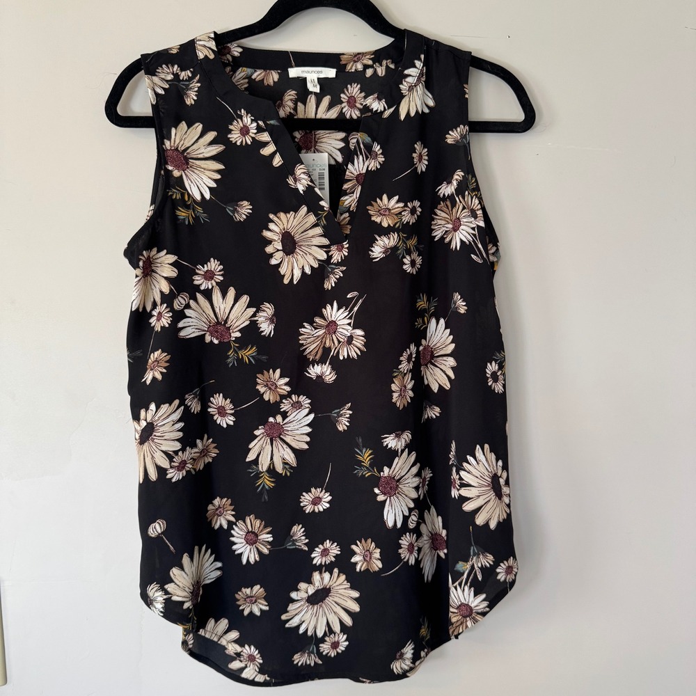 Maurices Black Floral Sleeveless V-Neck Tunic Top Medium NWT